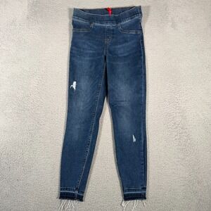 Spanx Jeans Womens Small Petite Denim Skinny Pull On Distressed Raw Hem Blue